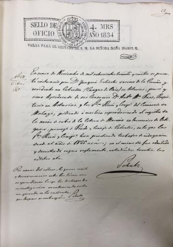 Fig. 2. Registro en el año 1834 de la que años después se conocería como mina Delfina. Obsérvese que se hace referencia a labores desde el año  1825, hacer notar también que el paraje es denominado “Cotera de Mariña”, topónimo que permanece en uso y por último el registro lleva la firma del ilustre Guillermo Schulz. Fuente A.H.A. (Autor: Echevarria)