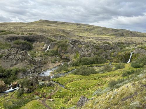 A unos 130 km de Reikiavik, en el valle de Þjórsárdalur, en el sur de Islandia, se encuentra Gjáin, un paraje de una gran belleza. Pequeñas cascadas y rápidos de agua caen por el desfiladero de Gjáin en el río Rauðá (río Rojo) entre tobas volcánicas y basalto, en los que se desarrollan algunas disyunciones columnares, y abundantes plantas herbáceas umbelíferas llamadas angélicas (Angelica archangelica), además de varios tipos de arbustos. (Autor: Antonio P. López)