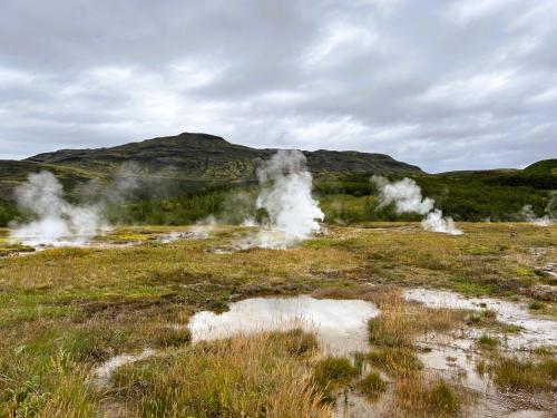 El campo geotérmico Haukadalur, situado en la colina Laugarfjall, está en un valle que se encuentra al norte del lago Laugarvatn, al sur de Islandia. Es una pequeña área en la que se pueden observar manantiales de aguas termales, charcas hidrotermales, fumarolas y solfataras, aunque lo más espectacular son los géiseres, el Geysir y el Strokkur. (Autor: Antonio P. López)