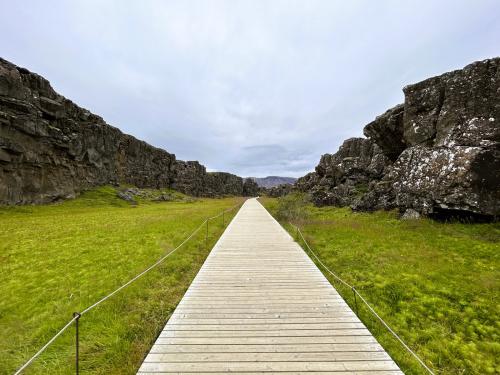 Þingvellir es un graben (fosa) de 4,7 km de ancho, una depresión tectónica en continuo hundimiento (~4 mm/año), con una profundidad máxima de 70 m al oeste. El hundimiento se debe a la compactación del material vulcanogénico y al peso del material expulsado en las erupciones. En la zona se observan bastantes fallas normales subparalelas de dirección SO-NE que atraviesan la región. La mayor de todas es Almannagjá, al oeste, que forma un cañón de considerables proporciones. Esta falla normal activa se formó por distensión y su velocidad media de movimiento es de unos 0,6 cm/año, aunque el movimiento en la fractura no es constante y se produce acompañado de terremotos. El último de gran magnitud se produjo en 1789, cuando el suelo de la fosa descendió entre 1 y 2 metros. El desplazamiento vertical de la pared occidental, más elevada, es secundario al hundimiento de la pared oriental, más baja. 
En la foto, la falla de Almannagjá ha dejado al descubierto una sección de las coladas de lava pahoehoe de unos 10.000 años de antigüedad que cubren el valle. (Autor: Antonio P. López)