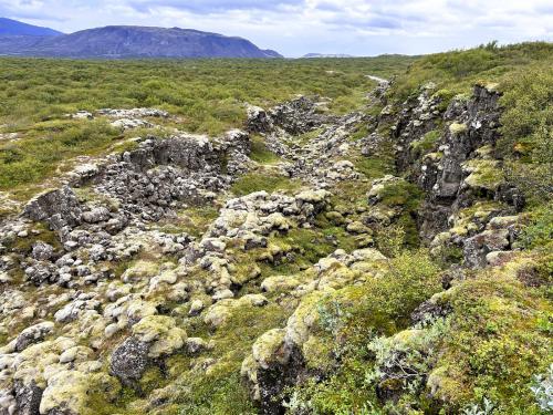 Þingvellir es un parque nacional cercano a la península de Reykjanes y a la zona volcánica de Hengill, en la región de Suðurland, al suroeste de Islandia. Es un valle histórico en el que se fundó el primer parlamento o asamblea nacional de Islandia (Alþingi), que tuvo lugar en el año 930, siendo uno de los más antiguos del mundo y en el que se reunieron hasta el 1799. Otro hecho importante ocurrido en Þingvellir fue la proclamación del cristianismo como religión oficial de Islandia en el año 1000. Y, como hecho histórico más destacado, la proclamación de la independencia del país el 17 de junio de 1944. El valle fue declarado parque nacional en 1928 y designado Patrimonio de la Humanidad por la UNESCO en 2004. 
En la imagen, grupo de fracturas de distensión cubiertas de musgo entre las dos placas. (Autor: Antonio P. López)