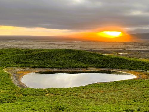 Una laguna formada por el glaciar Svínafellsjökull, rodeada de antiguas morrenas cubiertas de vegetación, al atardecer. (Autor: Antonio P. López)