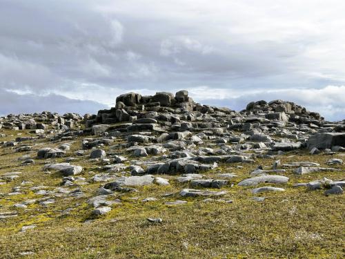 Parte superior de las disyunciones columnares de basalto muy erosionadas y redondeadas por el agua y el hielo, en las proximidades del cañón Jökulsárgljúfur. (Autor: Antonio P. López)