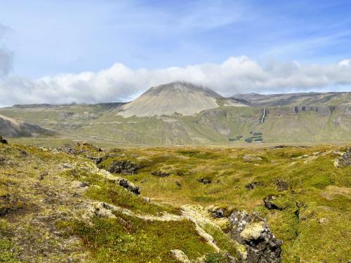 Los campos de basalto de Búðahraun aparecen totalmente cubiertos de musgo y helechos. Estas coladas basálticas se formaron durante la erupción del volcán Búðaklettur que, con un cráter de 88 metros de altura, fluyeron hace casi unos 8.000 años. La parte oriental de Búðahraun está formada por el tipo de lava ’pahoehoe’, donde se han descubierto varias cuevas, la más conocida es Búðahellir. (Autor: Antonio P. López)