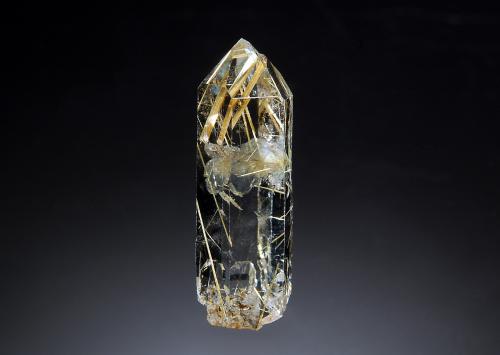 Quartz with Rutile inclusions<br />Novo Horizonte, Bahia, Región Nordeste, Brasil<br />1.0 x 3.0 cm<br /> (Author: crosstimber)