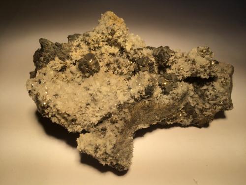 Bournonite, Pyrite, Calcite<br />Unidad minera Pachapaqui, Pachapaqui, Distrito Aquia, Provincia Bolognesi, Departamento Ancash, Perú<br />134 mm x 97 mm x 60 mm<br /> (Author: Robert Seitz)