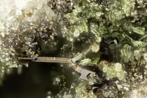 Epidote, Aenigmatite<br />Bahía Taratimi (Bahía Crater), Isla Mayor (Tuhua), Nueva Zelanda<br />FOV = 0.9 mm<br /> (Author: Doug)