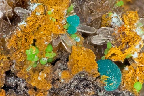 Hemimorphite, Rosasite<br />Simon Mine, Bell District, Mineral County, Nevada, USA<br />FOV = 3.5 mm<br /> (Author: Doug)