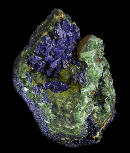 Azurite with Malachite<br />Khanong cielo abierto, Mina Sepon, Distrito Vilabouly, Provincia Savannakhét, Laos (R.D.P. Lao)<br />120 x 90 x 70 mm<br /> (Author: Rob Schnerr)