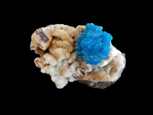 Cavansite on Stilbite-Ca<br />Canteras Wagholi, Wagholi, Distrito Pune (Distrito Poonah), Maharashtra, India<br />50x30x40 mm (20x15x15 mm)<br /> (Author: Dany Mabillard)