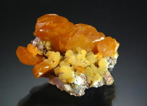 Wulfenite and Mimetite<br />Mina La Morita, Municipio Ascención, Chihuahua, México<br />2.0 cm x 2.3  x 3.0 cm<br /> (Author: Michael Shaw)