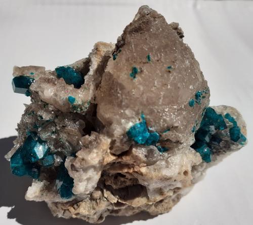 Dioptase, Quartz<br />Depósito Altyn-Tyube, Zona Altyn-Tyube, Estepas Kirguises, Región Karaganda, Kazajstán<br />8 x 7 cm<br /> (Author: Volkmar Stingl)