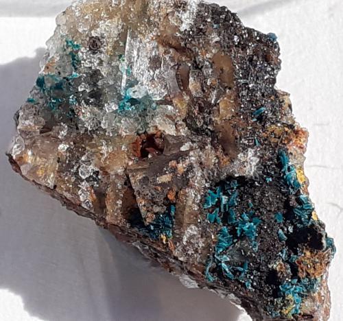 Brochantite, Fluorite<br />Distrito minero Lavrion, Prefectura Attikí (Attica), Grecia<br />2 x 1,5 cm<br /> (Author: Volkmar Stingl)