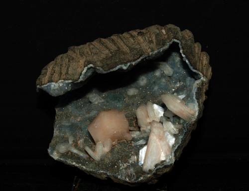 Estilbita-Ca [Stilbita-Ca] y Cuarzo [Quartz] (variedad calcedonia)<br />India<br />9 x 5.5 cm<br /> (Autor: Pedro Antonio)