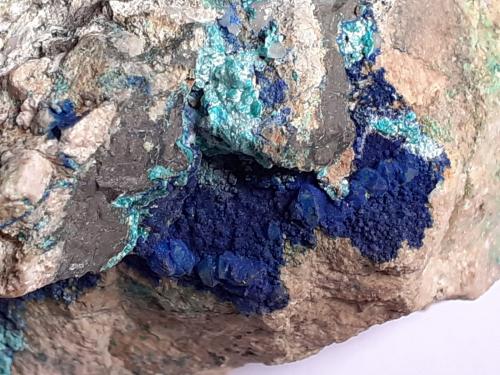 Azurite, Malachite, Tirolite, Quartz, Dolomite<br />Kogelmoos, Gallzein, Distrito Schwaz, Tirol Norte, Tirol, Austria<br />6 x 4,5 cm<br /> (Author: Volkmar Stingl)