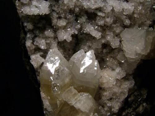 Fluorapophyllite
Creag na Cuail, Duirinish, Isle of Skye, Scotland, UK
Crystals to 19 mm x 8 mm

Apophyllite crystals to 19mm x 8mm, with fine, glassy pyramidal terminations. Interesting brownish zoning in the bottom half of the crystal. The backdrop is composed of many fresh small <2mm chabazite crystals. The specimen has been trimmed since this photo was taken - I’ll try and do another sometime. Self-collected 2004 from Creag na Cuail, Duirinish, Isle of Skye. (Author: Mike Wood)