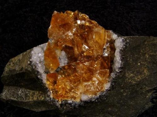 Calcite + analcime. A gorgeous brown group of slightly curved rhombohedral calcites, in a vug lined with small (2mm) analcime crystals. The calcites are very lustrous, and rather difficult to photograph ! Vug measures 36mm high x 25mm wide. Self-collected 1999 from Talisker Bay, Minginish, Isle of Skye. (Author: Mike Wood)