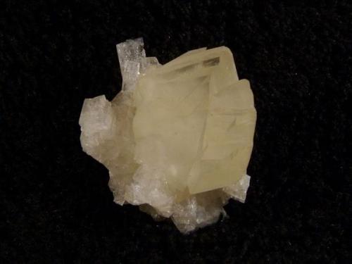 Calcite + chabazite. A nice ’floater’ specimen of transparent yellowish calcite with a matt surface, on lustrous chabazites. Specimen is 23mm high x 20mm x 17mm. Self-collected 2009 from Moonen Bay, Isle of Skye. (Author: Mike Wood)