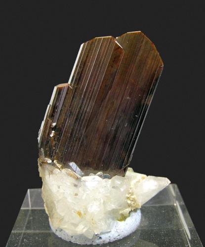 Brookita con Cuarzo
Montes Kharan, Baluchistan, Paquistán 
Encontrada en 2005
Tamaño de la pieza: 2.7 × 1.9 × 1.2 cm.
El cristal más grande mide: 2 × 1.4 cm.
Foto: Minerales de Referencia (Autor: Jordi Fabre)