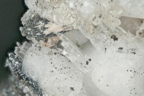 Dawsonite
Poudrette quarry (Demix quarry; Uni-Mix quarry; Desourdy quarry; Carrière Mont Saint-Hilaire), Mont Saint-Hilaire, Rouville RCM, Montérégie, Québec, Canada
FOV=4mm
Clear blades are the dawsonite (Author: Doug)