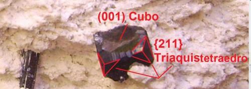 Bixbyíta, pseudobrookita y topacio
Thomas Range, Juab Co., Utah, EEUU
8,5 x 4 x 4,5 cm.
Indicación de las caras sobre un cubo modificado de bixbyíta. Presenta el cubo (001) y en los vértices, está truncado por tetraquistetraedros {211}. Las aristas del cubo presentan también pequeños truncamientos con estrías no identificados. (Autor: Antonio Alcaide)