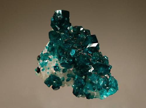 Dioptase
Tsumeb Mine, 32 Level, Tsumeb, Namibia
4.5 x 6.7 cm
Lustrous, dark emerald green crystals to 1.2 cm on rhombic white calcite. (Author: crosstimber)