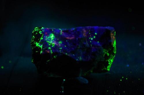 Hardystonita con Willemita - Fluorescente
Franklin, Sussex Co, New Jersey, EEUU
71 x 61 x 38 mm
Luz UV onda corta.
Hardystonita es azul morado.
Willemita es verde. (Autor: Juan María Pérez)