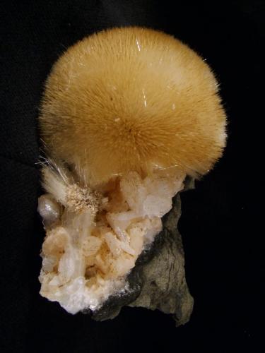 Mesolite + Stilbite
Sgurr nam Boc, Isle of Skye, Scotland, UK
9 cm high x 5 cm x 4 cm

Superb mesolite ’ball’ 50mm across, with white stilbite crystals, resting on coloured chabazite crystals. The mesolite ball is not complete; it is cleaved across the back - but it displays well ! From the same boulder as the previous photographed specimen. Self-collected 2006. (Author: Mike Wood)