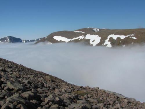 Braeriach mountain on the other side of the Lairig Ghru (deep valley) which was filled with cloud. I had to descend 1000ft into the mist and up the far side, then do the same on the way back. (Author: Mike Wood)