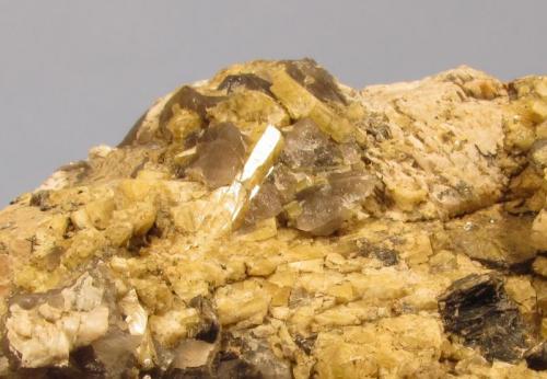 Beryl + Microcline + Smoky Quartz + Muscovite
Ben a’ Bhuird, Cairngorm Mountains, Grampian Region, Scotland, UK
10cm x 7cm x 3cm
Close-up of the above specimen. The beryl crystal reflecting the light is 10mm long. (Author: Mike Wood)