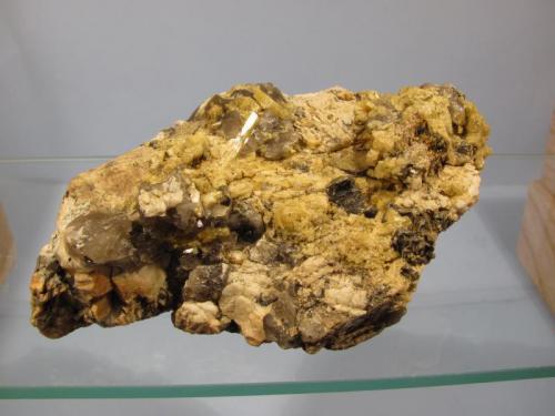 Beryl + Microcline + Smoky Quartz + Muscovite
Ben a’ Bhuird, Cairngorm Mountains, Grampian Region, Scotland, UK
10cm x 7cm x 3cm
Random lump of pegmatite found on it’s own on the ground. The beryl crystals are a strong yellow colour but are opaque. (Author: Mike Wood)