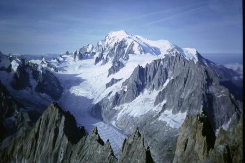 Another photo taken from ~ 4,000m on Aiguille Verte, showing the top of Aiguille du Moine and in the distance Mont-Blanc herself (4808m).
Photo taken August 1992 - scanned from slide. (Author: Mike Wood)