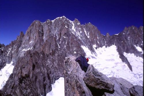 Looking towards Aigiulle Verte (south side) from the summit of Aiguille du Moine.
Photo taken 1991. Scanned from slide. (Author: Mike Wood)