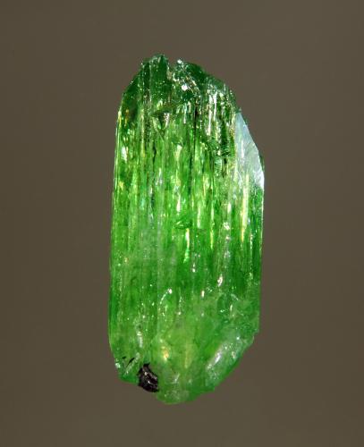 Diopside
Samax Mine, Merelani Hills, Manyara Region, Tanzania
1.4 x 2.9 cm
A doubly terminated lime green diopside crystal with a tiny speck of graphite. (Author: crosstimber)