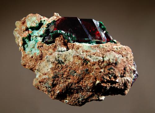 Cuprite
Mashamba West Mine, Kolwezi, Katanga Prov., DR Congo
3.0 x 5.2 cm
Lustrous, dark red octahedral cuprite crystals with minor plancheite and malachite. (Author: crosstimber)