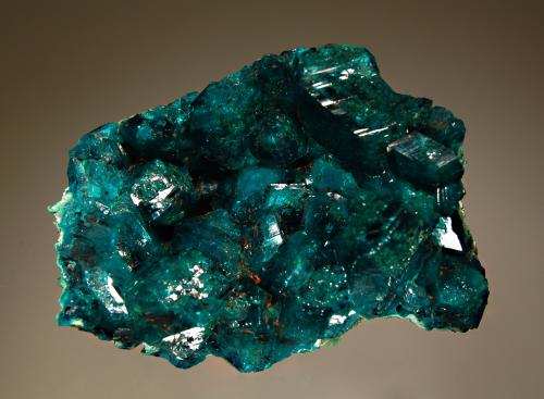 Dioptase
Tantara Mine, Shinkolobwe, Katanga Prov., DR Congo
4.8 x 6.3 cm
Emerald-green crystals of dioptase on a chrysocolla matrix. (Author: crosstimber)