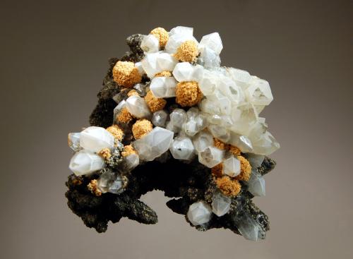 Dolomite
Trepca Complex, Kosovska Mitrovica, Kosovo
7.0 x 7.0 cm
A combination of prismatic quartz, spherical brown dolomite (these may be siderite), and dark green chlorite. (Author: crosstimber)