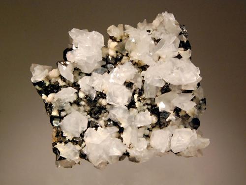 Calcite
Trepca Complex, Kosovska Mitrovica, Kosovo
6.5 x 7.4 cm
A flat plate of lustrous sphalerite crystals and associated siderite covered on both sides with numerous semi-transparent rhombic calcite crystals. (Author: crosstimber)