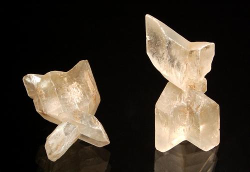 Gypsum
Lake Gilles, Corunna Station, South Australia, Australia
Left 2.3 x 3.3 cm, Right 2.1 x 4.3
A couple of colorless twinned gypsum crystals. (Author: crosstimber)