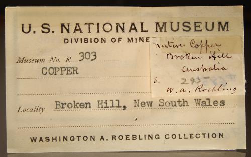 Copper
Broken Hill mines, Broken Hill, Yancowinna Co., New South Wales, Australia
5.5 x 6.0 cm
Smithsonian label for copper. (Author: crosstimber)