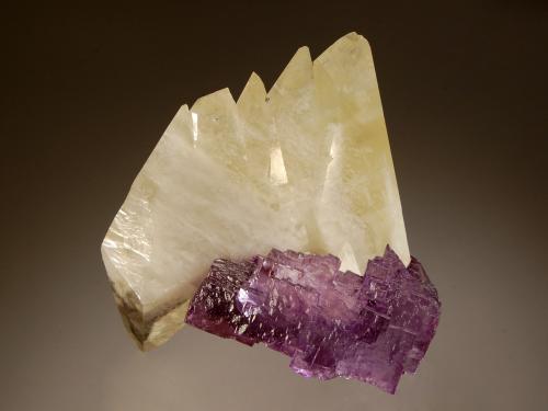 Calcite and fluorite
Elmwood, Carthage, Smith Co., Tennessee, USA
6.2 x 6.7 cm
Pale yellow calcite crystals in parallel growth with stepped cubes of light purple fluorite. (Author: crosstimber)