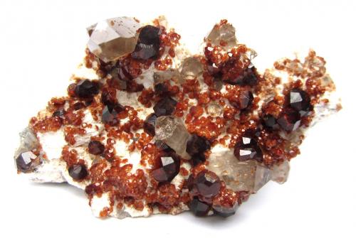 Spessartine and smoky quartz on feldspar<br />Catas Spessartina Wushan, Tongbei, Yunxiao, Prefectura Zhangzhou, Provincia Fujian, China<br />Specimen size 8 cm<br /> (Author: Tobi)