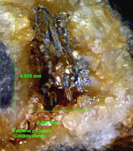 Estibnita (estibina) y Cuarzo<br />Collada Verda, Abella-Pardines, Ripoll, Comarca Ripollés, Gerona / Girona, Cataluña / Catalunya, España<br />65x45 mm.<br /> (Autor: Jesus Franquesa Baucells)