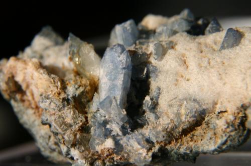 Benitoita y natrolita<br />Mina California State Gem (Benitoite Gem Mine), Zona San Benito River headwaters, Pico Santa Rita, Distrito New Idria, Condado San Benito, California, USA<br />32mm - 18mm - 12mm<br /> (Autor: Pedro Naranjo)