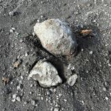 Una bomba volcánica en medio del campo de cenizas. Las bombas se forman cuando un fragmento de lava viscosa es expulsado en una erupción y se solidifica durante el vuelo adquiriendo una forma más o menos redondeada o en forma de huso. (Autor: Antonio P. López)