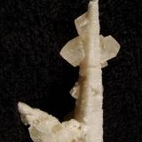 Calcite + stilbite. An elongated scalenohedron of calcite 64mm long is coated with micro stilbites, with a few rhombohedral calcites aesthetically perched on the larger crystal. Self-collected 1999 from Camas na h-Uamha, Duirinish, Isle of Skye. (Author: Mike Wood)