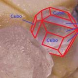 Fluorita
Naica, Mun. de Saucillo, Chihuahua, Méjico
En rojo, sobre el cristal de fluorita, las caras del cubo {100} y del tetraquishexaedro {210} (Autor: Antonio Alcaide)