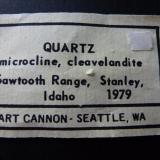 Cuarzo, Microclina y Clevelandita
Sawtooth Range, Stanley, Idaho, USA
15 x 12 cm.

Etiqueta (Autor: javier ruiz martin)