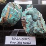 Malaquita.
Bono, Alta Ribagorza, Lleida, Catalunya, España.
Museo Geológico Valentí Masachs, Manresa. (Autor: Angel87)