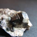 Casiterita
Krupka, Bohemia, República Checa
1 cm2 (planta del agregado cristalino); 4 x 5 mm. (cara romboidal brillante)
Varios cristales implantados en matriz de greisen. (Autor: prcantos)